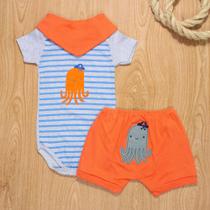 Conjunto curto de bebê com bandana bordado polvo mescla Conjunto curto de bebê com bandana bordado polvo mescla