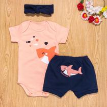 Conjunto curto de bebê com faixa bordado love shark salmão
