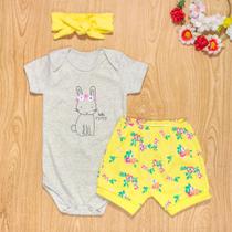 Conjunto curto de bebê com faixa estampadinho coelha mescla Conjunto curto de bebê com faixa estampadinho coelha mescla