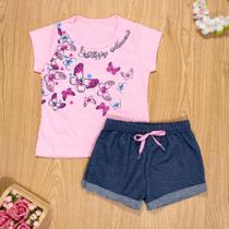 Conjunto curto infantil 2 ao 10 algodão butterfly rosa