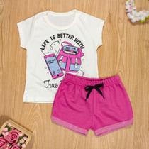Conjunto curto infantil 2 ao 10 algodão friends creme Conjunto curto infantil 2 ao 10 algodão friends creme