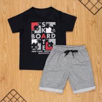 Conjunto curto infantil 2 ao 10 algodão skate board preto