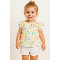 Conjunto curto infantil 2 peças Short jeans branco Blusa estampa de frutas menina estilo