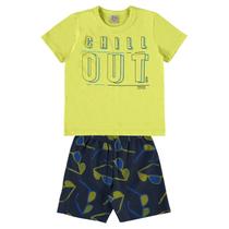 Conjunto curto infantil camiseta amarelo estampado e bermuda preta estampada