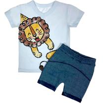 Conjunto curto infantil camiseta branca estampa leão e bermuda azul