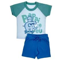 Conjunto curto infantil camiseta branca estampa papai e eu bermuda bolso