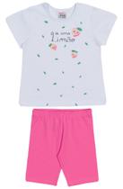 Conjunto curto infantil camiseta branco estampado e shorts ciclista rosa pink liso