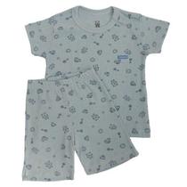 Conjunto curto infantil camiseta e shorts canelado azul estampado ursos