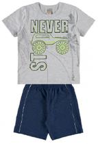 Conjunto curto infantil camiseta mescla estampado e bermuda azul marinho