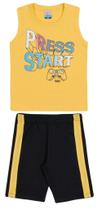 Conjunto curto infantil camiseta regata amarelo estampada e shorts em moletinho preto com faixa lateral amarelo