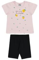 Conjunto curto infantil camiseta rosa estampado e shorts ciclista preto liso