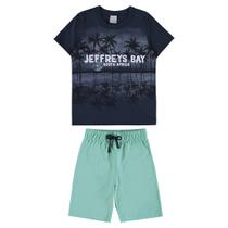 Conjunto Curto Malwee Kids Camiseta Bermuda Moletinho Azul Jeffreys Bay Verde Sea Shore Tam 4 ao 16 Menino