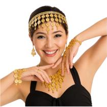 Conjunto Dança Do Ventre Moedas Testeira Pulseira Brinco e Colar