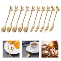 Conjunto de 10 colher e 10garfo de sobremesa garfo de bolo colher de café garfo de frutas criativo aço inoxidável-ouro