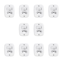 Conjunto de 10 Interruptores de 1 Tecla Simples e Tomada 2P+T 20A , com Placa de Sobrepor Branco Pluzie
