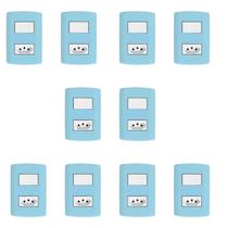 Conjunto de 10 Interruptores de 1 Tecla Simples e Tomada 2p+t 20A , Modular, com Placa 4x2 e Suporte Azul e Branco
