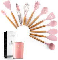 Conjunto de 11 peças com cabo de madeira de silicone para cozinha ROSA Conjunto de 11 peças com cabo de madeira de silicone para cozinha ROSA
