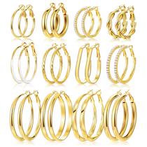 Conjunto de 12 Pares de Brincos Argola Dourados 17KM 30-50 mm Hipoalergênicos