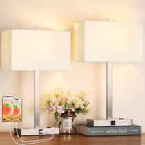 Conjunto de 2 abajures de mesa de cabeceira Lynnoland 21" com toque, dimerizáveis, USB e tomada AC Conjunto de 2 abajures de mesa de cabeceira Lynnoland 21" com toque, dimerizáveis, USB e tomada AC