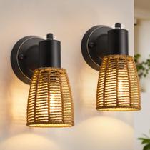 Conjunto de 2 arandelas de parede EJIAXIN Boho Rattan para banheiro preto