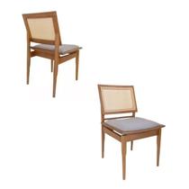 Conjunto de 2 Cadeiras Madeira Maciça Detalhe de Tela Sextavada e Assento Em Linho