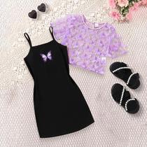 Conjunto de 2 Camisetas com Estampa de Borboleta - Confortável e Elástico para Meninas Conjunto de 2 Camisetas com Estampa de Borboleta - Confortável e Elástico para Meninas