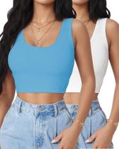 Conjunto de 2 Crop Tops AURUZA con Cuello en U y Sin Mangas, Blanco y Azul