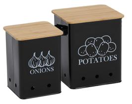 Conjunto de 2 latas de armazenamento de vegetais de cozinha para batatas, cebola, com tampa de madeira, Garlic Bin Caddy, Long Shelf Life-Black Conjunto de 2 latas de armazenamento de vegetais de cozinha para batatas, cebola, com tampa de madeira, Garlic Bin Caddy, Long Shelf Life-Black