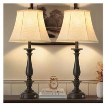 Conjunto de 2 Luminárias de Mesa Tradicionais AIDENOEY 28,5", Luminárias Rústicas Estilo Fazenda para Sala de Estar e Quarto, Abajures Vintage para mesa de cabeceira com Cúpulas de Tecido de Seda, Preto com Detalhes em Ouro Branco