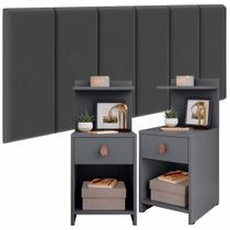 Conjunto de 2 Mesa de Cabeceira com 1 Gaveta e Prateleira Boss + 1 Cabeceira Estofada suspensa Julia