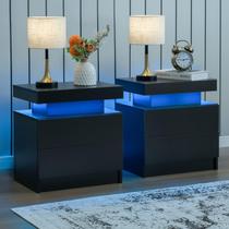 Conjunto de 2 mesas de cabeceira i-aplus com luz LED, 2 gavetas, preto Conjunto de 2 mesas de cabeceira i-aplus com luz LED, 2 gavetas, preto