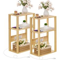 Conjunto de 2 mesas laterais pequenas de bambu estreito YUFAM de 3 camadas com estação de carregamento mesa de cabeceira fina para espaços pequenos, mesa de cabeceira fina com portas e tomadas USB Mesa fina com armazenamento, natural
