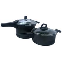 Conjunto de 2 Panelas Com Tampa Pressão e Vidro 3/4,5L Preto