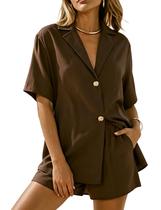 Conjunto de 2 peças: camisa feminina de botão APAFES, shorts marrons Conjunto de 2 peças: camisa feminina de botão APAFES, shorts marrons