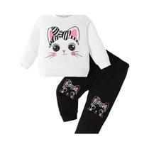 Conjunto De 2 Peças Com Estampa De Gato Para Meninas, Top De Manga Comprida, Calças Pretas, Conjunto Conjunto De 2 Peças Com Estampa De Gato Para Meninas, Top De Manga Comprida, Calças Pretas, Conjunto