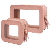 Conjunto de 2 peças de bolsa de maquiagem transparente para viagem, organizador de maquiagem rosa transparente com zíper, bolsas de viagem de couro para produtos de higiene pessoal, pequenas bolsas de cosméticos para mulheres, mini bolsa de maquiagem, bolsas de higiene essenciais para carros (rosa)