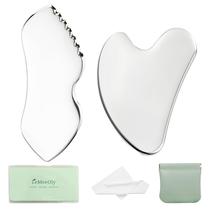Conjunto de 2 peças de ferramentas faciais Gua Sha Lemeeoly em aço inoxidável Conjunto de 2 peças de ferramentas faciais Gua Sha Lemeeoly em aço inoxidável