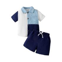 Conjunto De 2 Peças De Moda De Verão Para Meninos, Gola Virada, Bloco De Cores, Listras, Shorts, 1-6 Conjunto De 2 Peças De Moda De Verão Para Meninos, Gola Virada, Bloco De Cores, Listras, Shorts, 1-6