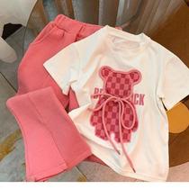 Conjunto De 2 Peças De Urso Xadrez De Desenho Animado De Verão Para Meninas Camiseta Calças Largas