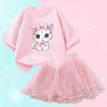 Conjunto De 2 Peças De Verão Para Meninas, Camiseta De Gato De Desenho Animado, Saia Tutu, Roupa De