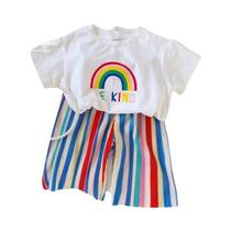 Conjunto De 2 Peças Listradas Arco-íris De Verão Para Meninas, Roupa Casual Da Moda Infantil
