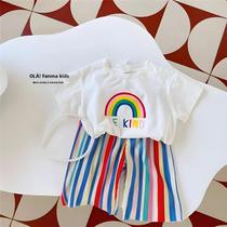 Conjunto De 2 Peças Listrado Arco-íris De Verão Para Bebês Meninas, Roupa Casual Da Moda Infantil