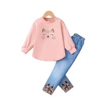 Conjunto De 2 Peças Para Meninas: Calça Slim De Imitação De Jeans Com Manga Longa E Estampa De Conjunto De 2 Peças Para Meninas: Calça Slim De Imitação De Jeans Com Manga Longa E Estampa De