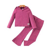 Conjunto De 2 Peças Para Meninas: Moletom Canelado Com Capuz E Calça Flare Para Outono/Inverno, Cor