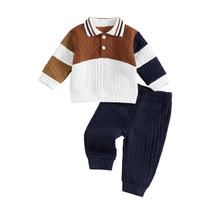 Conjunto De 2 Peças Para Meninos, Malha Patchwork, Manga Comprida, Gola Com Lapela, Cintura