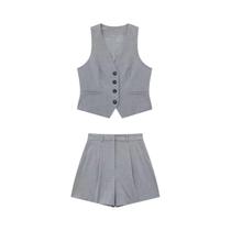 Conjunto De 2 Peças Para Mulheres: Shorts De Cintura Alta Cinza E Colete, Moda Chic