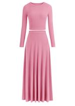 Conjunto de 2 Peças PRETTYGARDEN Vestido de Malha Canelada Média Rosa Conjunto de 2 Peças PRETTYGARDEN Vestido de Malha Canelada Média Rosa