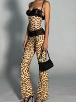 Conjunto De 2 Peças: Top Cropped Sem Mangas Em Patchwork Sexy E Calças Justas Com Estampa De Conjunto De 2 Peças: Top Cropped Sem Mangas Em Patchwork Sexy E Calças Justas Com Estampa De