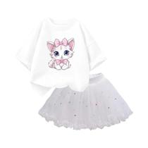 Conjunto de 2 Peças Verão para Meninas - Camiseta de Gato e Saia Tutu