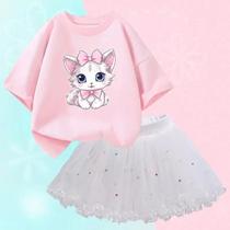 Conjunto de 2 Peças Verão para Meninas - Camiseta de Gato e Saia Tutu